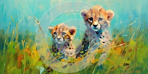 Oil painted cheetah cubs on a sunny day