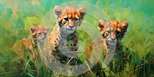 Oil painted cheetah cubs on a sunny day