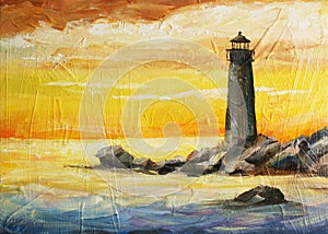 Oil painted picture with sea, sunset and beacon photo