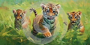 Oil painted tiger cubs on a sunny day