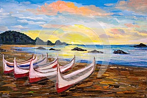Oil Painting - Aboriginal canoe at sunrise, In LanyuOrchid Island, Taitung, Taiwan