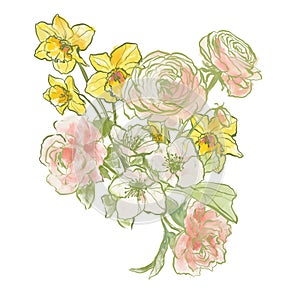 Oil painting abstract bouquet of narcissus, ranunculus and jasmine. Hand painted floral composition isolated on white