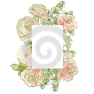 Oil painting abstract frame of ranunculus, peony and eucalyptus. Hand painted floral composition isolated on white