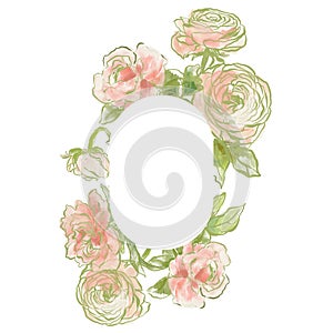 Oil painting abstract frame of ranunculus and rose. Hand painted floral composition isolated on white background