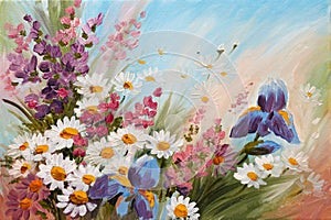 Oil Painting - abstract illustration of flowers, daisies, greens