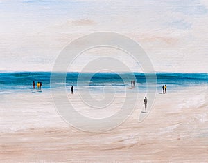 Oil Painting - Abstract View of People Relaxing On Beach