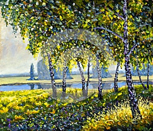 Oil painting acrylic modern art Russian sunny rural landscape with spring birch trees forest and river pond