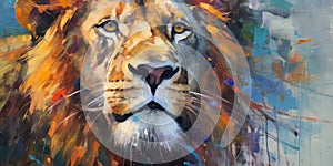 An oil painting of an adult lion