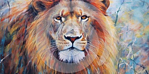 An oil painting of an adult lion