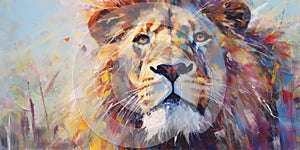 An oil painting of an adult lion