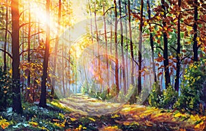 Oil painting. Amazing autumn forest in morning sunlight. Red and yellow leaves on trees in woodland.