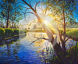 Oil painting Amazing scenery sunny morning on river art.