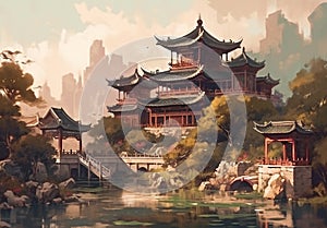 Oil painting of ancient architecture of Chinese civilization.