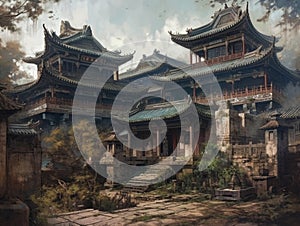 Oil painting of ancient architecture of Chinese civilization.