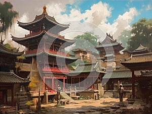 Oil painting of ancient architecture of Chinese civilization.