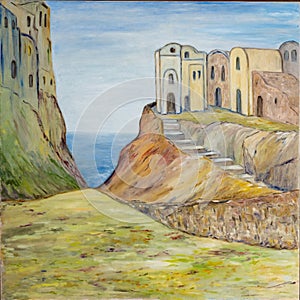 Aceite la pintura edificios sobre el un piso logrado de acuerdo a pasos alto sobre el rocas de acuerdo a el mar. irreal representación. aceite sobre el lienzo 