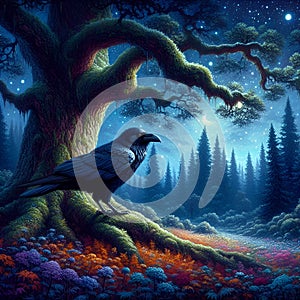 @Oil painting art of a charming black raven, at a giant oak tree, whimsical forest at night, wildflowers, stars