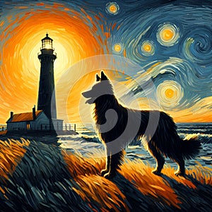 Oil painting art of a silhouette of a dog, near a lighthouse, againts a setting sun, Van Gogh style