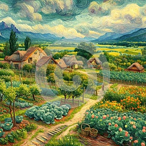 Oil painting art of a stunning village and the vegetables farm with farm house, tree, mountain, sky, clouds, fantasy design