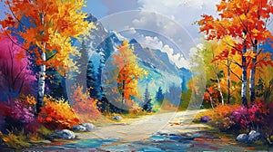 Oil painting an autumn colorful landscape, beautiful orange red trees in the forest