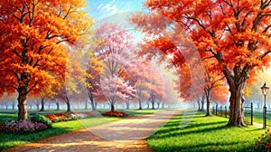 Oil painting an autumn colorful landscape, beautiful orange red trees in the forest