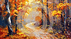 Oil painting an autumn colorful landscape, beautiful orange red trees in the forest