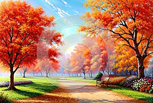 Oil painting an autumn colorful landscape, beautiful orange red trees in the forest