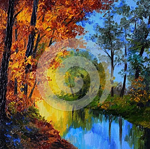 Oil Painting - autumn forest with a river and bridge over the river
