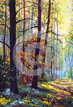 Oil painting Autumn forest scenery with rays of warm light illumining gold foliage