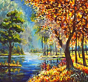 oil painting autumn gold trees and Green Pine Tree on shore against the backdrop of blue mountain river