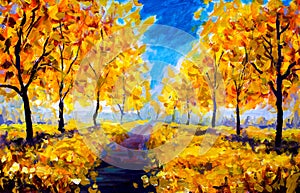 Oil Painting - autumn, yellow foliage, park, autumn trees