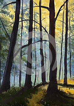 Oil painting beautiful forest with bright sun shining