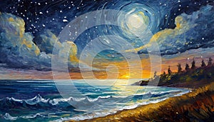 Oil painting beautiful starry night landscape with tropical ocean sand beach. Seascape horizon