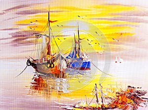 Öl Das Gemälde ein Boot 