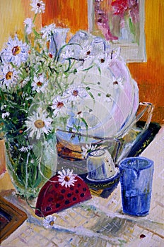 Oil painting, bouqet of daisis, still life
