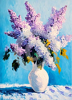Oil painting. Bouquet of lilac flowers in white vase.