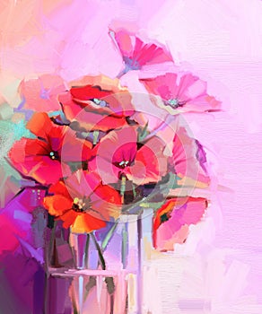 Oil Painting Bouquet of poppy flowers in glass vase.