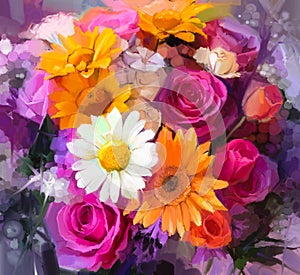 Oil painting a bouquet of rose,daisy and gerbera