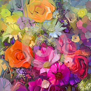 Oil painting a bouquet of rose,daisy and gerbera flowers photo