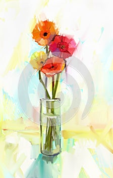 Oil painting bouquet of yellow and red gerbera flowers in glass