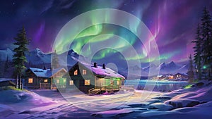 Oil painting: A breathtaking view of the Northern Lights, with vibrant green, purple, and blue hues dancing across the night sky,