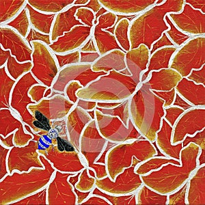 oil painting of bright orange butterflies with wings, a background over the entire area of the leaf and a bee or wasp