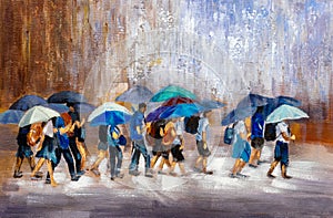 Oil Painting - Busy Crossroad On Rainy Day