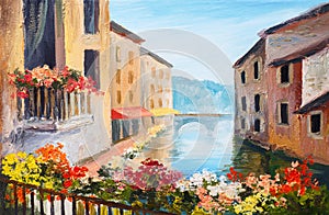 Oil painting, canal in Venice, Italy, famous tourist place