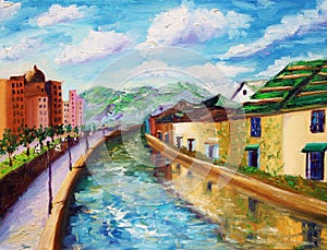 Oil Painting - Canals of Otaru, Japan