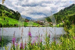 Oil painting canvas of alpine flower blossom in summer. High Tauern