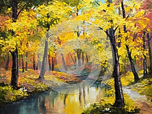 Oil painting on canvas - autumn forest