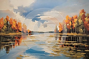 Oil painting on canvas of autumn landscape with lake and colorful trees