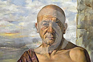 Oil painting on canvas of a bald man