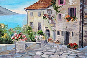 Oil painting on canvas of a beautiful houses near the sea